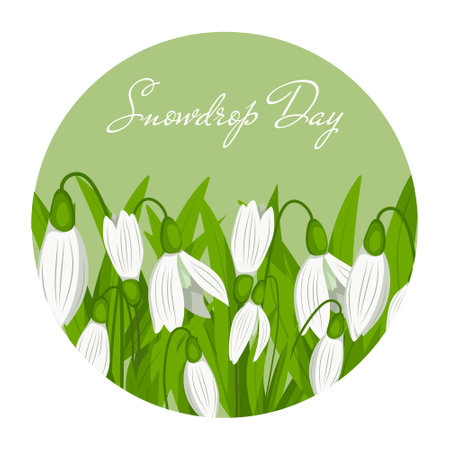 Snowdrop Day card, round frme isolated on white background. Vector illustrationのイラスト素材