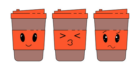 Coffee paper cup emoticons set with different faces and expressions. Vectorのイラスト素材