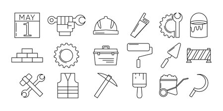 International Labor day and Industry tool icon set. Vector flat linear design. Vector EPS10のイラスト素材