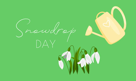 White snowdrops and watering can on green background. International snowdrop day. Vector EPS10のイラスト素材