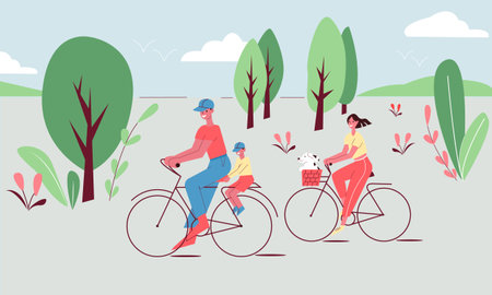 Family traveling on bike. Parents, children and dog in bascet. World Bicycle Day. Vectorのイラスト素材