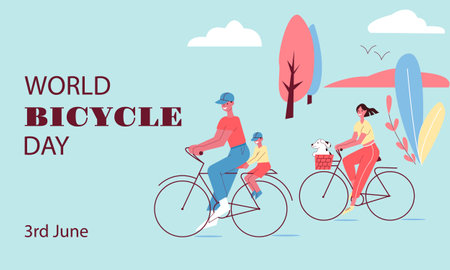 World Bicycle Day. Family traveling on bike. Parents, children and dog in bascet. Vectorのイラスト素材