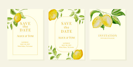 Wedding pemplates with watercolor lemon and leavesのイラスト素材