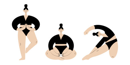 Yoga Time. Yoga pose. Women Sports Exercise, Fitness, Workout in Different Poses, Stretching. Flat vector illustrationのイラスト素材