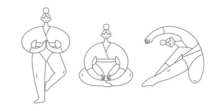 Yoga Time. Yoga pose. Women Sports Exercise, Fitness, Workout in Different Poses, Stretching. Vector Illustrationのイラスト素材