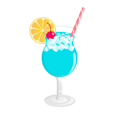 Blue cocktail with orange and cherry. Classic alcohol cocktail drink isolated on white. Vector illustration.のイラスト素材