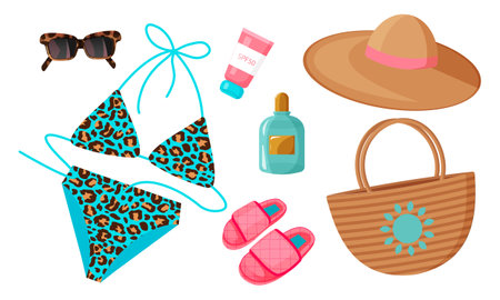 Set of fashion accessories from the sun. Summer set. Blue leopard swimsuit, sunglasses, pink slippers, hat, parfum, bag and sunscreen.のイラスト素材