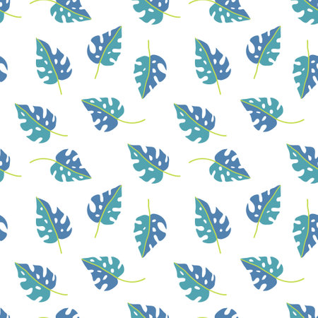 Monstera Leaf Tropical Seamless Pattern in Green and Blue Colors.のイラスト素材