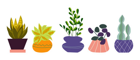 Urban jungle, trendy home decor with plants, tropical leaves in stylish planters and pots. Cartoon styleのイラスト素材