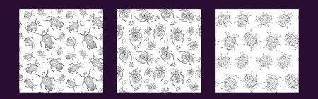 Insects linear set of pattern - vector seamless texture or background with different form bugs in line style. Vector illustration isolated on white backgroundのイラスト素材