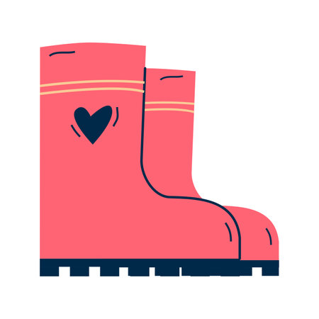 Pair of pink rubber rain boots with heart. Symbol of autumn and wet weatherのイラスト素材