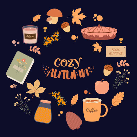 Cozy Autumnal collection with seasonal different elements, tea, candle, mushrooms, plants and book, pie, isolated on darkのイラスト素材