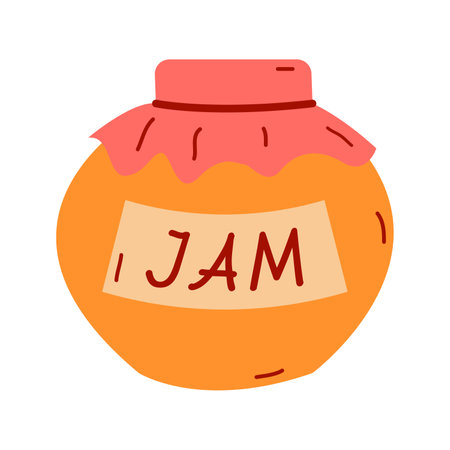 orange jam. Glass jar with jelly, fresh berry isolated on white background. Vector food illustration in cartoon flat style.のイラスト素材