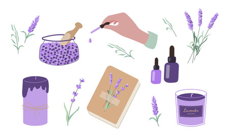 Lavender set aromatherapy accessories with essential oils. Essential oil, book, salt, candles, hand with pipette and flowers. Vector illustration on white background.のイラスト素材