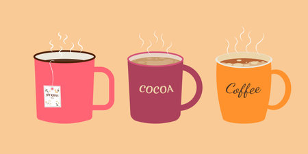 Coffee, tea, cacao. Set of cup. Collection of homemade mugs for hot drinks. Cafe or restaurant. Flat vector illustrations isolated on white backgroundのイラスト素材