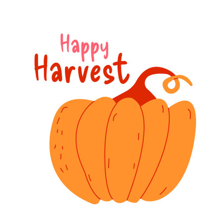 Happy harvest concept. Orange pumpkin with text Happy Harvest. Illustration for prints on t-shirts and bags, posters, cards. Pumpkin season, Fall vector design. isolated on white backgroundのイラスト素材