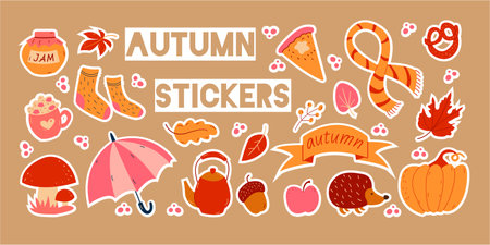 Autumn set of stickers, hand drawn elements- apple, jam, teapot, berries, marshmallow, pie pumpkin Vector illustrationのイラスト素材