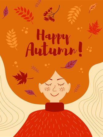 Autumn vector illustration with woman with leaves in hair. happy autumn phrase. Concept of happy living and positive thinking.のイラスト素材