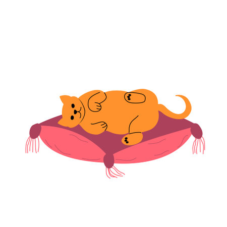 Cat sleeping on pillow. Sleepy relaxed feline animal lying on pet cushion. Cat resting on cozy comfortable pillow. Colored flat vector illustration isolated on white backgroundのイラスト素材