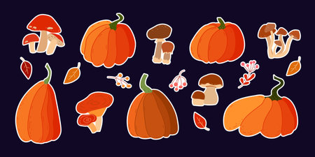 Autumn illustration set with mushrooms and pumpkins. Set of stickers. vector illustrationのイラスト素材