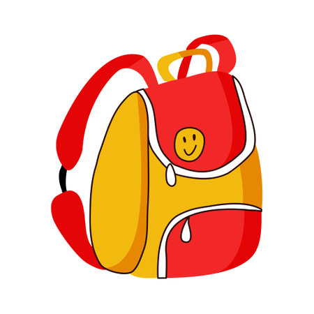 Back to school, yellow school bag isolated on white background. Vector illustration with yellow red backpack. education banner designのイラスト素材