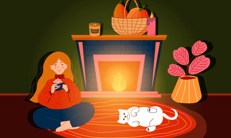 Woman sitting on floor near fireplace at home with coffee in hands, cat is laying. Cozy evening time by fireside of girl and cat flat vector illustration. Autumn concept for banner, website design or landing web pageのイラスト素材