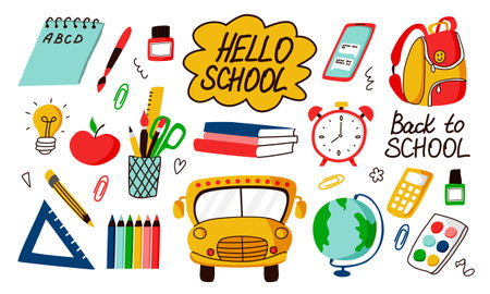 Back to school elements set. Various school stuff - supplies for art, reading, science, geography, mathematics. Vector isolated over white background.のイラスト素材