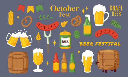 Beer Set flat style. Vector Illustration with lettering. Color beer pub elements collection for Octoberfest glass, mug, hop, beer tap, snacks.のイラスト素材