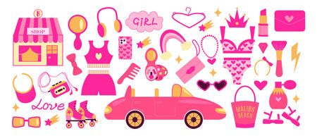 Cute pink trendy set, pink doll aesthetic accessories and clothing. Vector illustration flat styleのイラスト素材