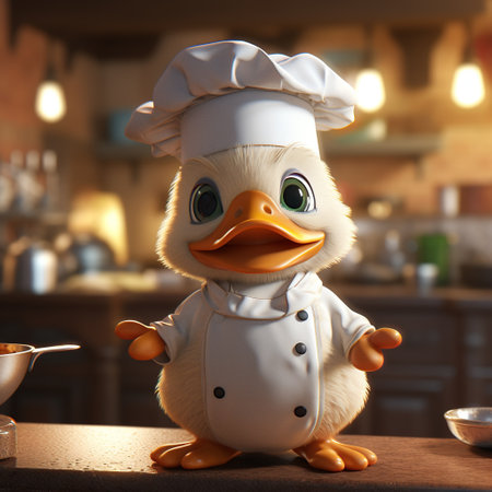 Cute duck cartoon character wearing chef uniform. AI generatedの素材