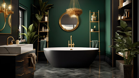 Modern bathroom. Minimalism. Gold and dark green colors. Used to Interior Stores, Design Websites and Blogs, Social Media, Advertising Brochures and Catalogsの素材