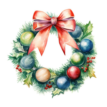 Christmas wreath of blue and red balls. Watercolor christmas illustrationの素材
