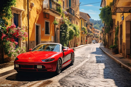Small red car on the street Portofino. Mini mobility. Mini-sized vehiclesの素材