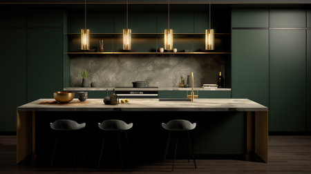 Gold and dark green kitchen. Minimalism. Used to Interior Stores, Design Websites and Blogs, Social Media, Advertising Brochures and Catalogsの素材