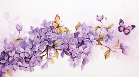 Framing flowers lilacs banner with butterflys. Watercolor lilac flowers. Floral Wedding invitation card. Vintage card.の素材