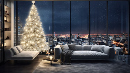 Christmas, white modern living room, night city outside the window. Modern interior design. Cozyの素材