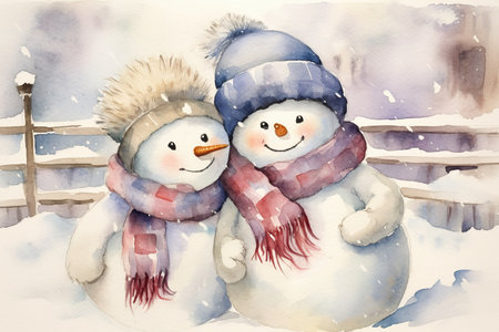Watercolor postcard with happy couple of snowmen in a snowy forest. Cute Character. Used to banner, posters, postcardsの素材