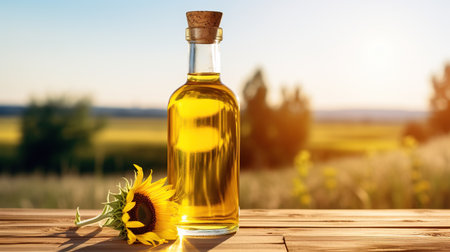 Organic sunflower oil in a small glass jar with sunflower fresh flowers on the table, outdoorの素材