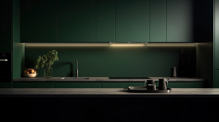 Dark green kitchen. Minimalism. Used to Interior Stores, Design Websites and Blogs, Social Media, Advertising Brochures and Catalogsの素材
