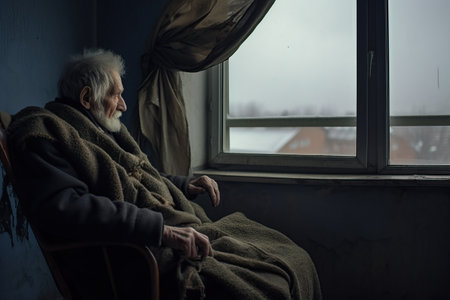A man in a wheelchair sits against the window, lonely, cityの素材
