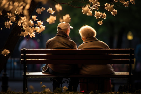 Elderly couple sitting on a bench in park, flowers all around, loneliness, springの素材