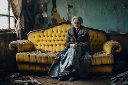 An elderly woman sitting on an old couch in an old apartment, lonelyの素材