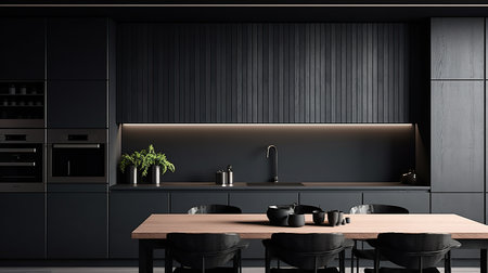 Black monochrome kitchen. Minimalism. Used to Interior Stores, Design Websites and Blogs, Social Media, Advertising Brochures and Catalogsの素材