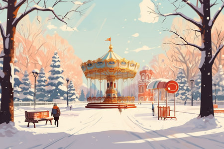 Retro illustration of a winter city park with children on swings. Winter illustrationの素材