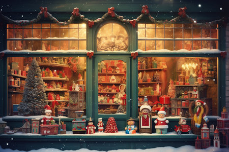 A storefront, antique toys and snow patterns on the glass, an old winter postcardの素材