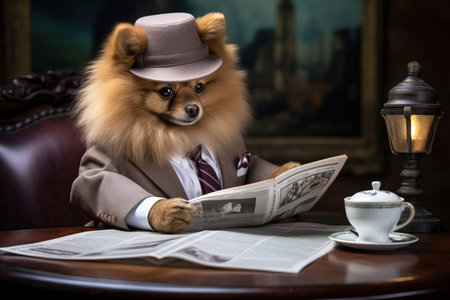 A pomeranian spitz is reading the newspaper, sitting in a chair, wearing a suit. Cute dogの素材