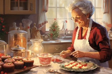 Retro illustration of a cozy kitchen with Grandma making Christmas cakes. New yearの素材
