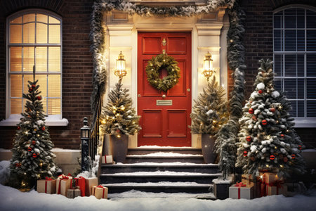 Cute and cozy house with Christmas decorations, Christmas wreath on the door, night illumination, snowyの素材