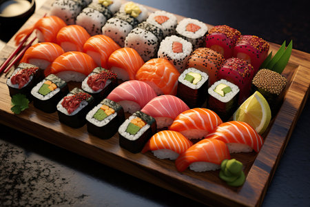 Set of sushi roll, highlighting the artistry of sushi presentation. Japanese foodの素材