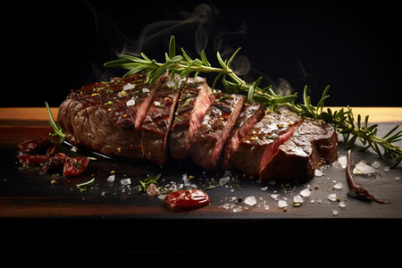 Grilled sliced Beef Steak with rosemary on black backgroundの素材